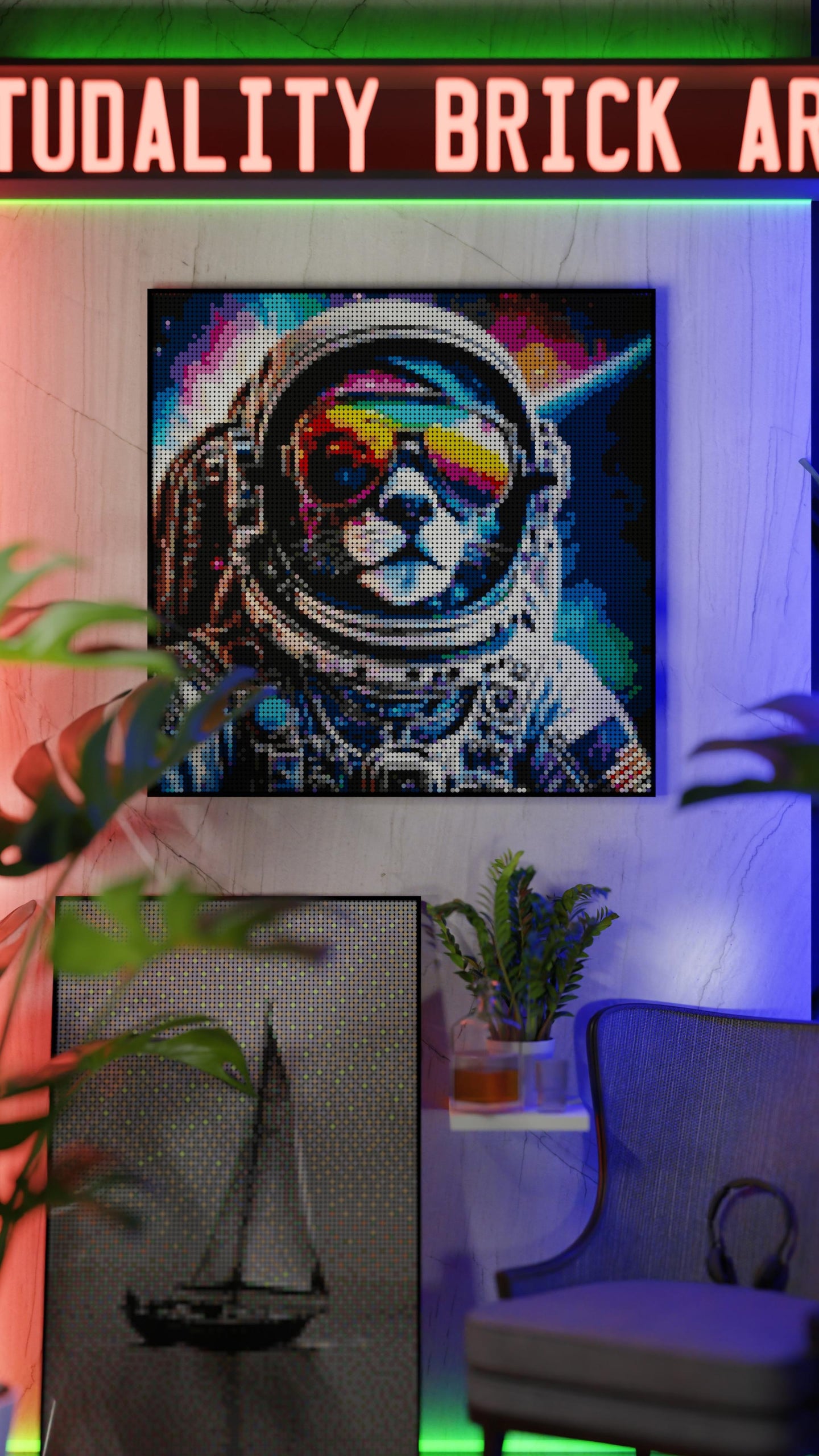 Purrsuit of Space LEGO® Style mosaic wall art made from colorful plastic bricks